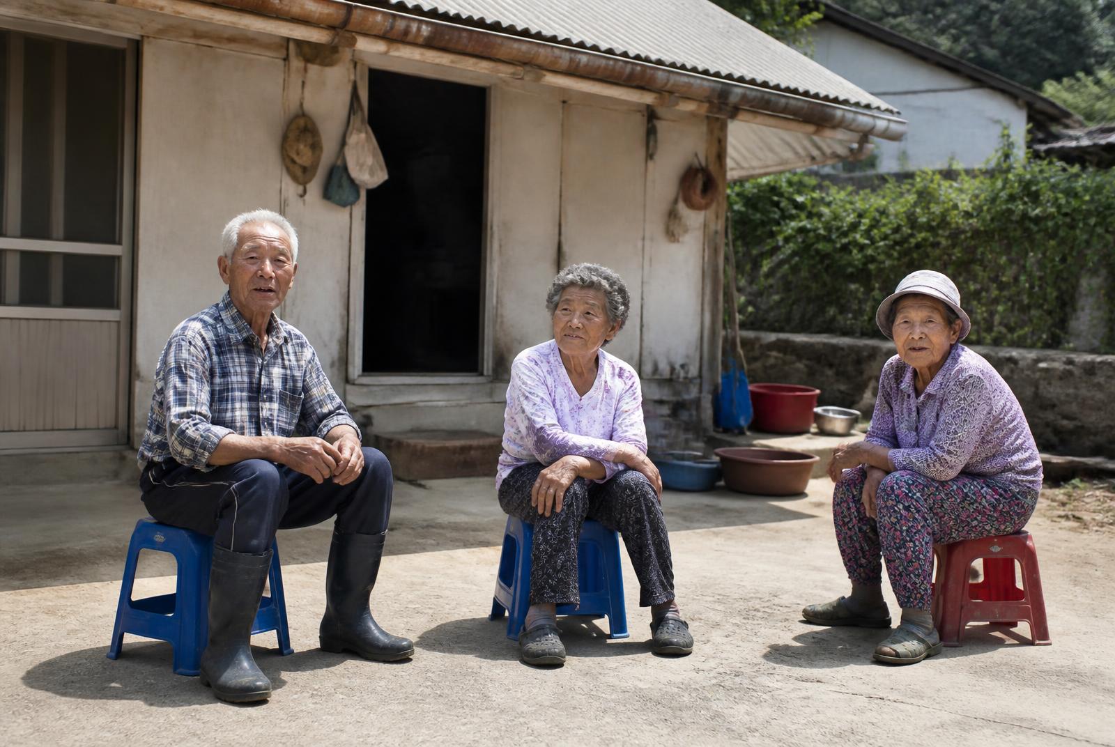 Elderly villagers sitting on plastic stools in front of a resident's house, without shade